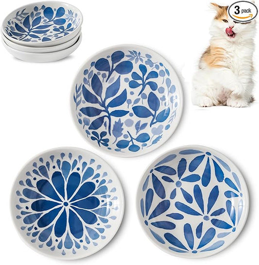 3 Ceramic Cat Bowls,5.5 inch Wide Shallow Cat Food Bowl for Relief Whisker Fatigue