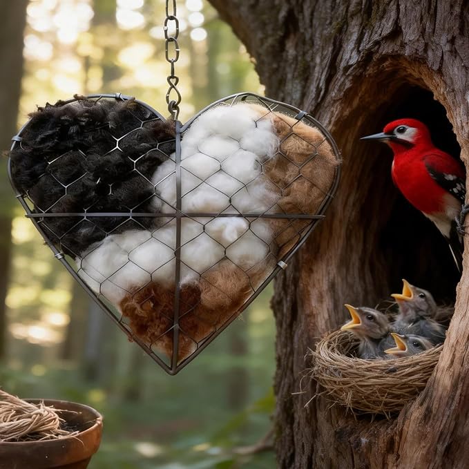 Handmade Alpaca Fiber Bird Nesting Heart, Refillable Hummingbird Nesting Holder with Natural Nesting Materials, Heart Shape Outdoor Bird Shelter for Garden Yard Tree, Wildlife Gift for Bird Lovers