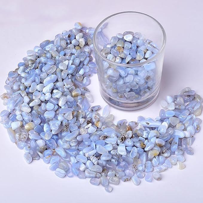 Erliway Blue Chalcedony Crystal Chips Bulk for Vase Filler, 0.5 lb 7-9 mm | Natural Crushed Crystal Stone for Spell Jar, Aquarium Gravel, Reiki Healing Meditation, Jewelry Making, Resin Art, Home Décor