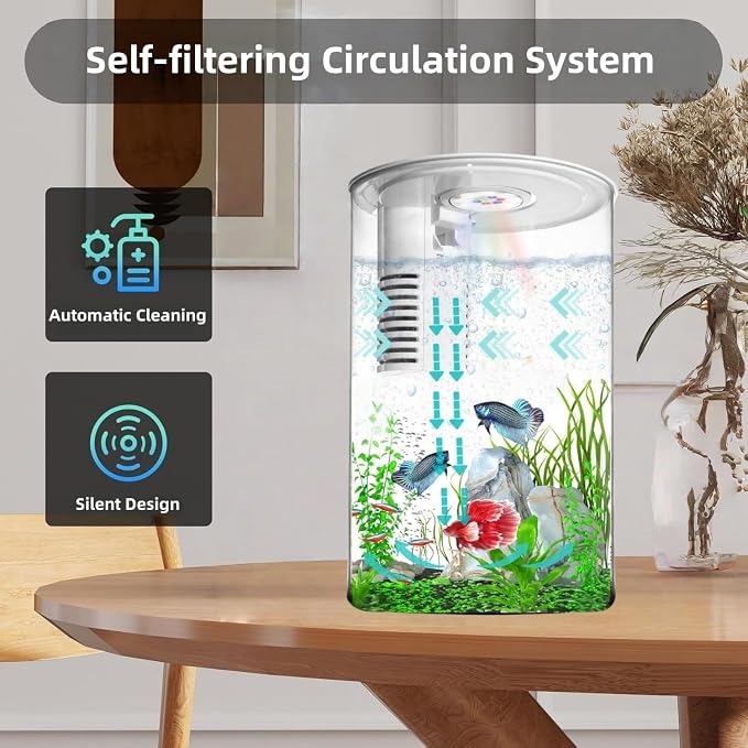 Desktop Fish Tank 3 Gallon Self-Cleaning, Nano Aquarium Goldfish Tank Starter Kit with LED Light & Filter, 360 View for Small Fish, Kids Room & Home Decor (17Color)