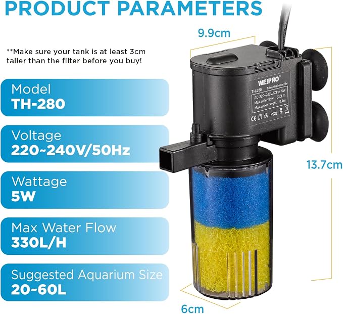 Internal Fish Tank Filter, 2-Stage Biochemical Sponge Filtration, 90GPH Fixed Water Flow Submersible Aquarium Filter Pump with Aeration for 10~15 Gallon, TH-280(90GPH)