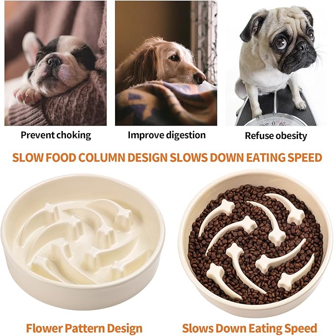 8.26 in Milk White Dog Bowl Slow Feeder Ceramic for Medium and Large Breed,Elevated/Raised Slow Feeding Dog Food Water Dish Heavy Weighted,Puzzle Eating Bowl Modern Maze Meteor