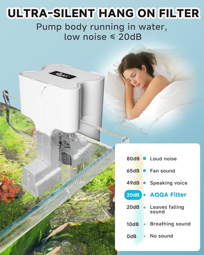 AQQA Hang On Aquarium Filter, Power Waterfall HOB Fish Tank Filter with Surface Skimmer, Adjustable Flow, Silent Multi-Stage Filtration for Freshwater & Saltwater, for Rimless Aquariums (6W 54GPH)