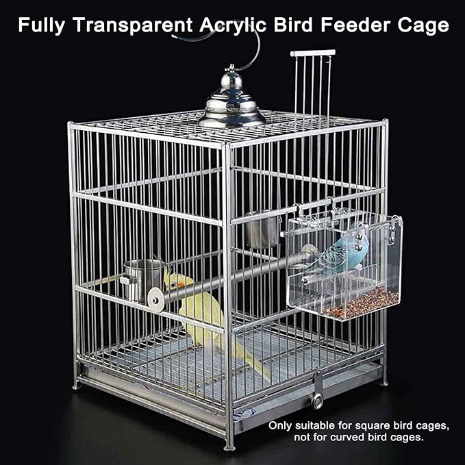 Automatic Bird Feeder for Cage, Automatic Acrylic Bird Feeder No Mess Bird Cage for Small Bird Parrots Canary Parakeet Budgerigar Crested Myna Cockatiel (L: 6.3" x 6.2" x 6.2")