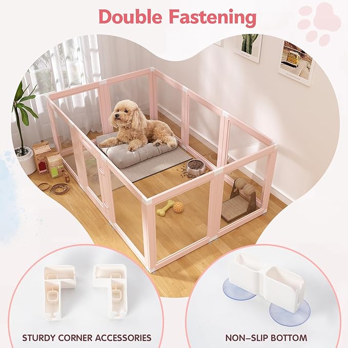 DIY Clear Acrylic Dog Playpen Indoor, Transparent Easy Cleansing Puppy Fence with Suction Cup, Easy-Assemble Indoor Whelping Crate for Small Puppies (23.6" H, 10PCS), Pink