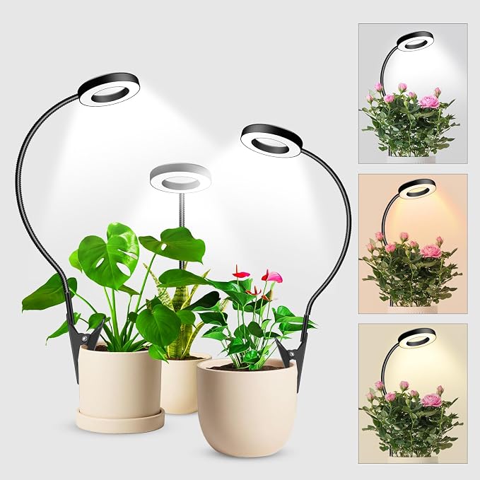 2 in 1 Grow Lights for Indoor Plants, 3 Colors 48 LEDs Plant Lights | 360° Gooseneck Clip on grow light, Full Spectrum Plant Grow Lights Indoor, 6/12/16H Timer, 5 Brightness, Black 3 Pack