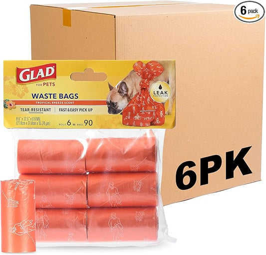 Glad for Pets Heavy Duty Dog Poop Bags, Scented Leak-Resistant Waste Bags with Fun Print Design, Tear-Resistant for Confident Pickup, Fits Standard Dispensers, 6 Rolls, 90 Count - 6 Pack