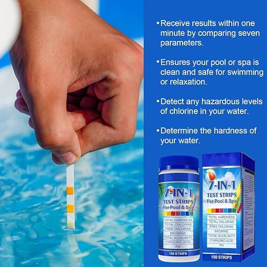 Pool Test Strips 7-in-1 (150Pcs)| Hot Tub Test Strips for Swimming Pool & Spa | Pool Water Testing Kit for Chlorine, Bromine, Ph, Hardness, More - All in 1 Swimming Pool Test Strips