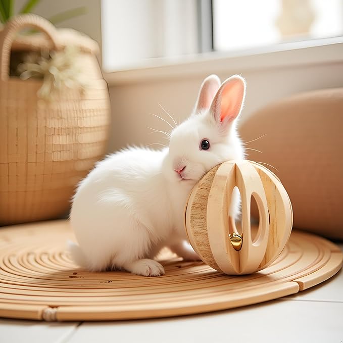 Jinshining 1pc Wood Color Natural Wood Dumbells Unicycle Bell Roller Pet Chew Toy for Guinea Pigs Rat Rabbits,Guinea Pig Toys Boredom,Small Animals Will be Very Happy Toys(No Bark Watermelon Ball)