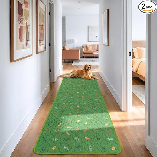 Sunheir Washable Pee Pads for Dogs Large 24" x 72" 2-Pack Reusable Puppy Pads Pet Training Pads, Absorb Dog Mats, Whelping Pad, Non-Slip Protects Against Urine Leakage, Runner Rug (Leaves - Green)