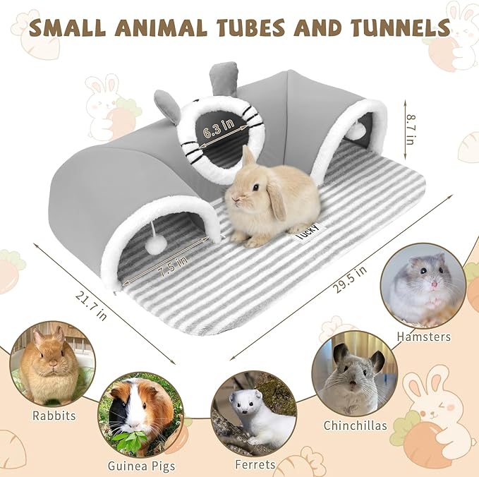YUEPET 3-Way Bunny Tunnel Bed, Removable & Washable Rabbit Tunnels,Bunny Play Tunnel with Cozy Bed for Indoor Medium Small Rabbits Adult Guinea Pigs Hamsters, Cage Accessories for Small Pets (Grey)