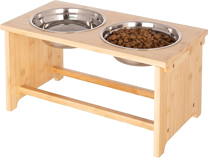 Elevated Dog Bowls - 10-Inch Tall Bamboo Raised Dog Bowl Stand with Nonslip Feet - Comes with Two 45oz Removable Dishwasher Safe Stainless Steel Pet Bowls - Puppy Essentials by PETMAKER