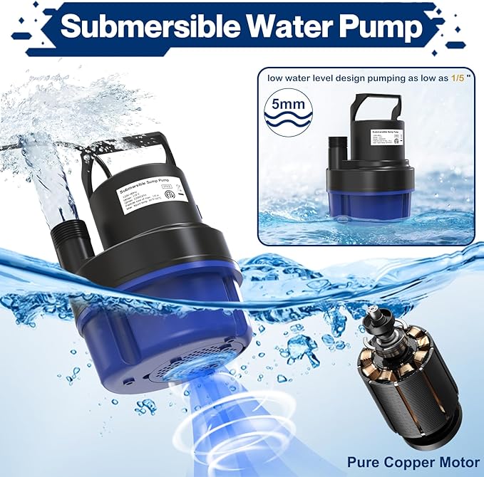 AgiiMan Submersible Water Pump - 1HP 3500GPH Pool Cover Pump for Pool Draining, Pool Cover Pump with 25FT Power Cord for Basements, Pool, Fountains, Hot Tub, Garden, Blue