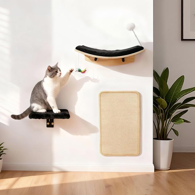 5 in 1 Cat Furniture Set with Soft Curved Pad，Modern Space-Saving Wall Mounted Shelves for Play & Rest