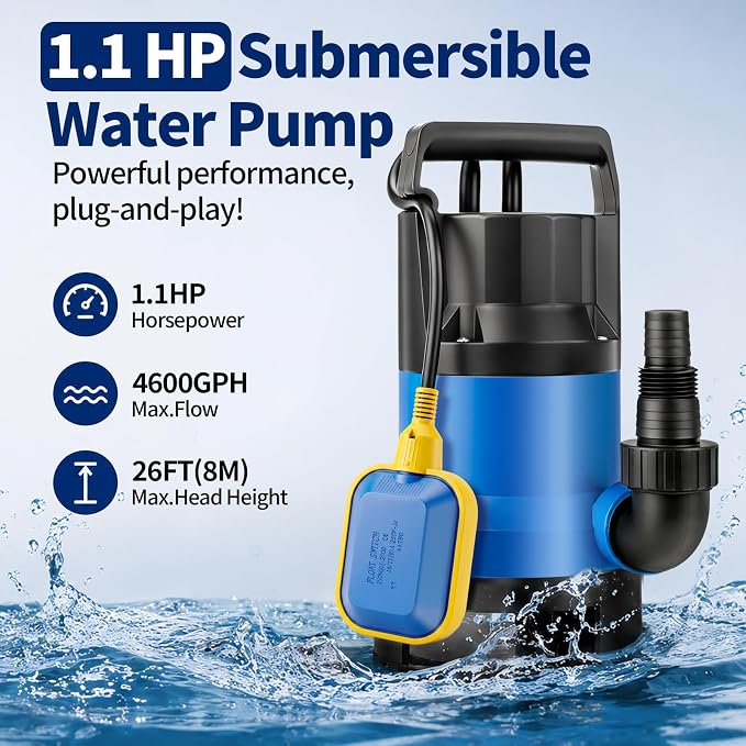 1.1HP Submersible Sump Pump, 4600 GPH Electric Water Pump with Automatic Float Switch, Portable Utility Pump for Pool Draining, Basement, Outdoor Ponds, 16 FT Cord