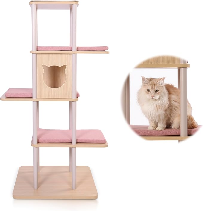 Modern Large Cat Tree, 62" Tall with XL 25.6" Platforms, 60 lbs Heavy Build — Redefining Cat Furniture with Stability, Space & Style for Big Cats (Pink)