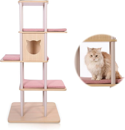 Modern Large Cat Tree, 62" Tall with XL 25.6" Platforms, 60 lbs Heavy Build — Redefining Cat Furniture with Stability, Space & Style for Big Cats (Pink)