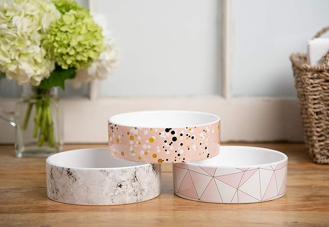 Park Life Designs - Ceramic Bowl for Dogs, Cats and Pets, Stylish Vienna Design, Heavyweight and Non Slip, Skid Free, Chew Proof, Durable, Microwave and Dishwasher Safe (Small, Pink Triangles)