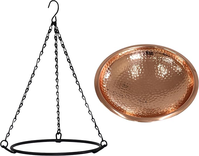 Sunnydaze Hand-Hammered Hanging Bird Bath/Feeder - Detachable Bowl with Hanging Chain - Copper Bird Bath Bowl - 17.5" H