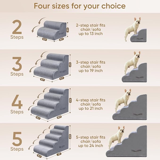 PAWSCRAT Pet Stairs for Dogs 4-Step, 19.6" H Pet Stairs for High Bed, Couch Sofa & Chair, 30D Material Soft Foam Dog Steps with Non-Slip Bottom Surface Removable Washable Cover, LightGrey