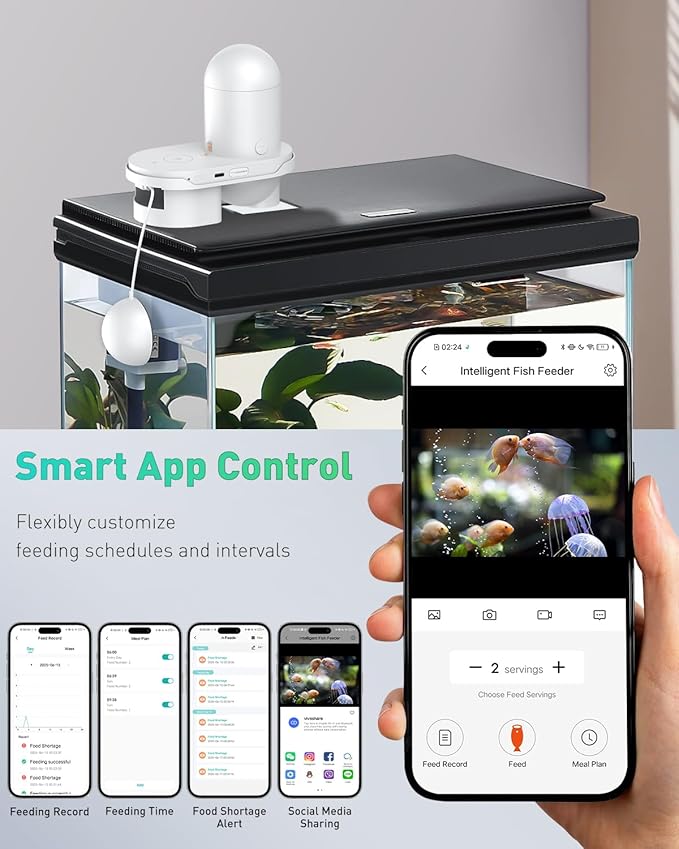 Pawfly WiFi Automatic Fish Feeder for Aquariums, Smart Auto Fish Food Dispenser with App Control 2.5 K HD Video & Timer, 230 mL Vacation Feeder for Powder Pellets & Small Pillars, USB Powered