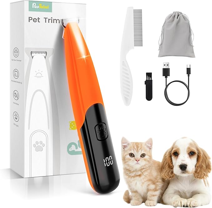PAPMINI Dog Paw Trimmer with LED Light, 35dB Low Noise Paw Trimmers for Dog's Feet, 2 Speed Safety Electric Dog Clippers for Grooming, Rechargeable Cat Shaver for Paws, Ears, Face, Rump (Red-Orange)