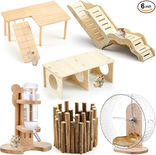 6 Pcs Hamster Toys Set, Maze Wood House, Climbing Ladder Wooden Bridge Tunnel Toy Platform Silent Exercise Running Wheels and Water Bottle Set for Rat Guinea Pig Habitat Cage (Standard)