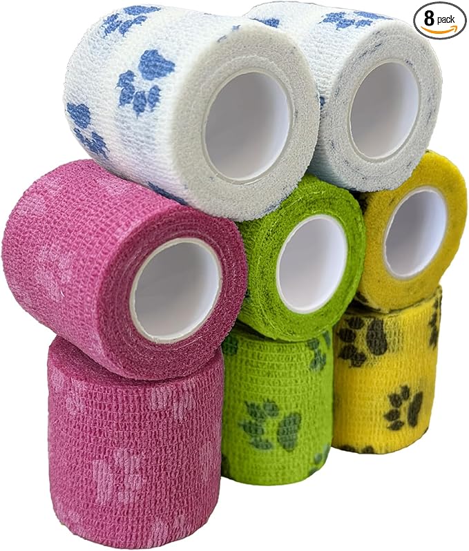 Self-Adhesive Vet Bandage Wrap, First Aid for Dogs & Horses, Multi-Use for Gear Grip & Cable Organizing, Individually Wrapped, 2 Inch, 8 Rolls, Citrus Grove Paw
