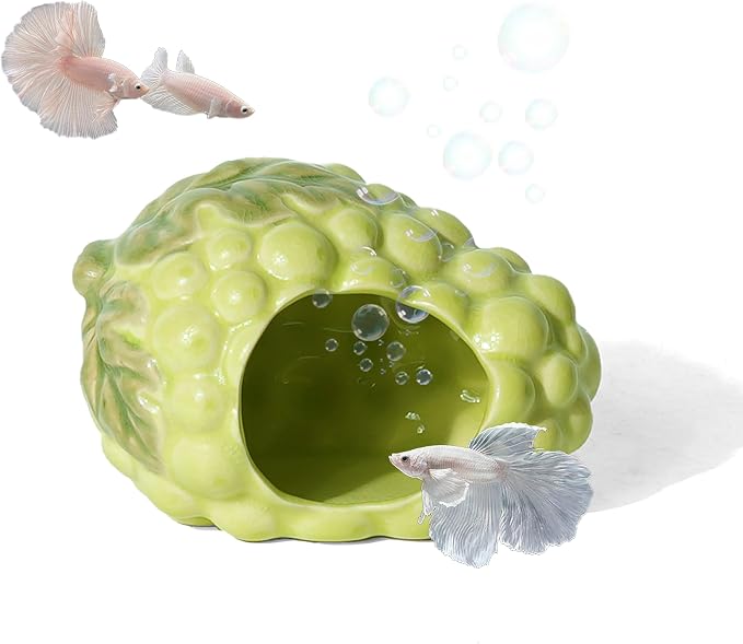 Ceramic Aquarium Decor Cute Grape Green Betta Fish Tank Hide | Smooth-Surface Safe for Fish Hiding & Breeding, Easy-Clean, No Assembly, for Play & Rest,Fits 3-5 Gallon Fish Tanks