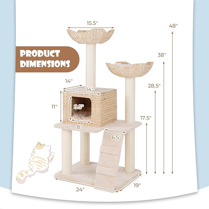 PETSITE 48 inch Cattail Cat Tree, Multi-Level Cat Tower with Sisal Scratching Posts, Cat Condo, Basket Beds, Climbing Ladder, and Soft Washable Cushions, Modern Cat Tree for Indoor Cats