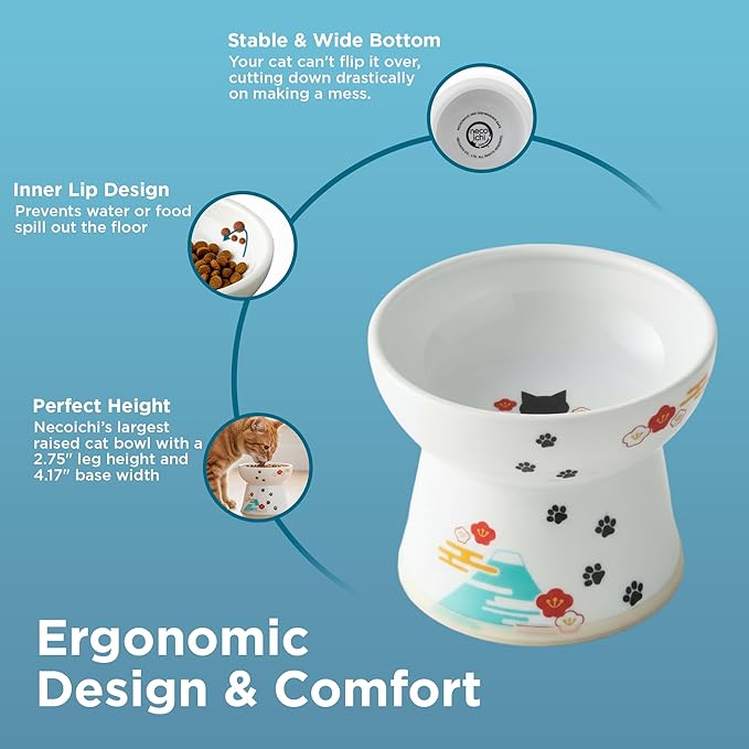 Necoichi Raised Cat Food Bowl – Ceramic Elevated Cat Bowl for Whisker & Neck Fatigue, Dishwasher Microwave Safe – Non-Slip & Anti Vomiting Ergonomic Design (Fuji, Large, 2-Cup Capacity)