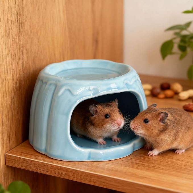 Hamster House Ceramic Hideout Small Animal Food Bowl Pudding Shaped Decorative Habitat Suitable for Hamster Cage Pet Gift Home Decoration, Blue