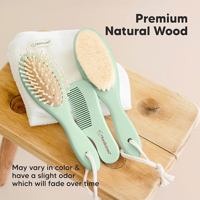 Baby Hair Brush Set for Newborns - Soft Goat Bristle Wooden Baby Brush and Comb Set Newborn Grooming Kit for Cradle Cap, Durable & Gentle, Boy, Girl Infant Essentials Care Kit (Regular, Sage)