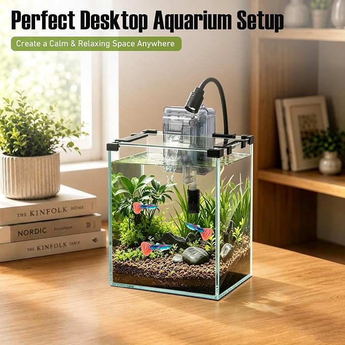 2.2 Gallon Small Glass Fish Tank Kit | Hang on Back Aquarium Filter, 3-Color LED Light, Glass Betta Fish Tank Kit with Removable Clear Lid and Non-Slip Mat