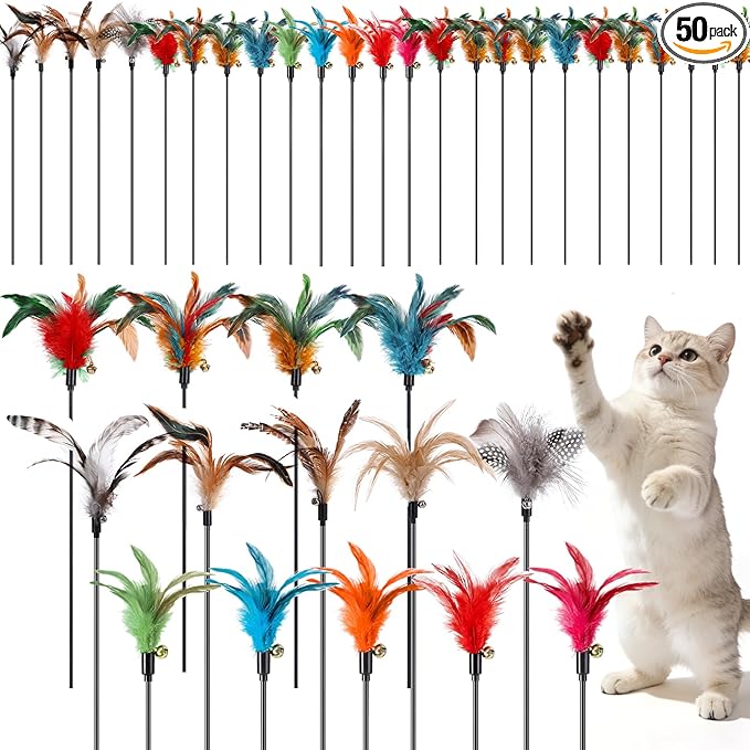 Leitee 50 Pcs Cat Wand Toy Feather Stick Cat Toy Bulk Feather Toys and Teaser Wand Bulk Interactive Stick for Indoor (Mixed Color)