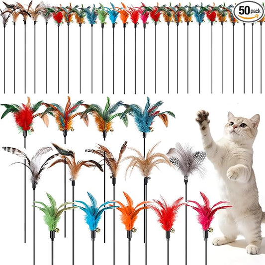 Leitee 50 Pcs Cat Wand Toy Feather Stick Cat Toy Bulk Feather Toys and Teaser Wand Bulk Interactive Stick for Indoor (Mixed Color)
