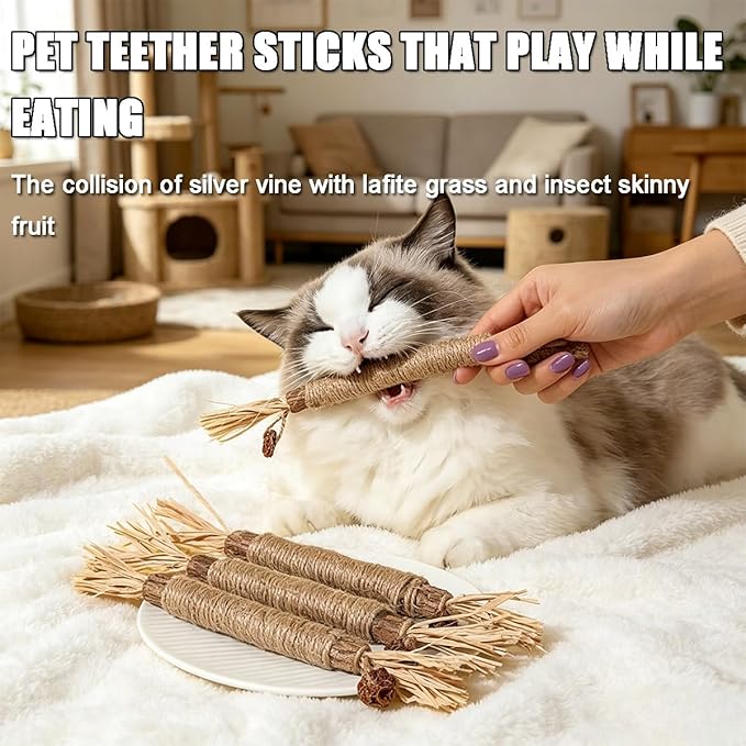 Natural Silvervine Dental Sticks, Silver Vine Sticks Cats with Raffia, Chew Sticks for Cats, Cat Chew Rope for Enrichment Pet Supplies, Calm Cat Boring (4PCS)