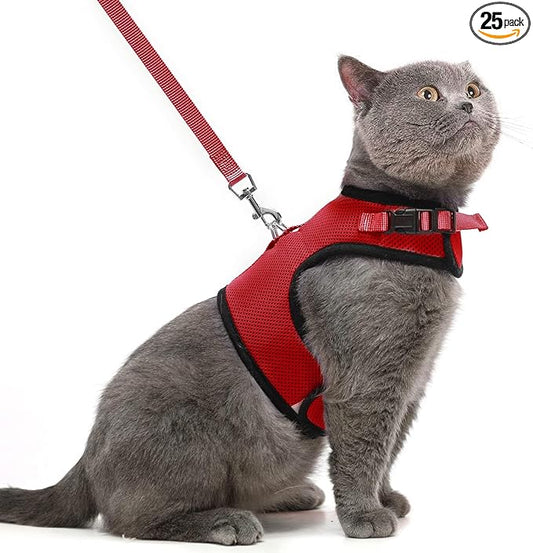 PUPTECK Soft Mesh Cat Vest Harness and Leash Set Puppy Padded Pet Harnesses Escape Proof for Cats Small Dogs, Red Large