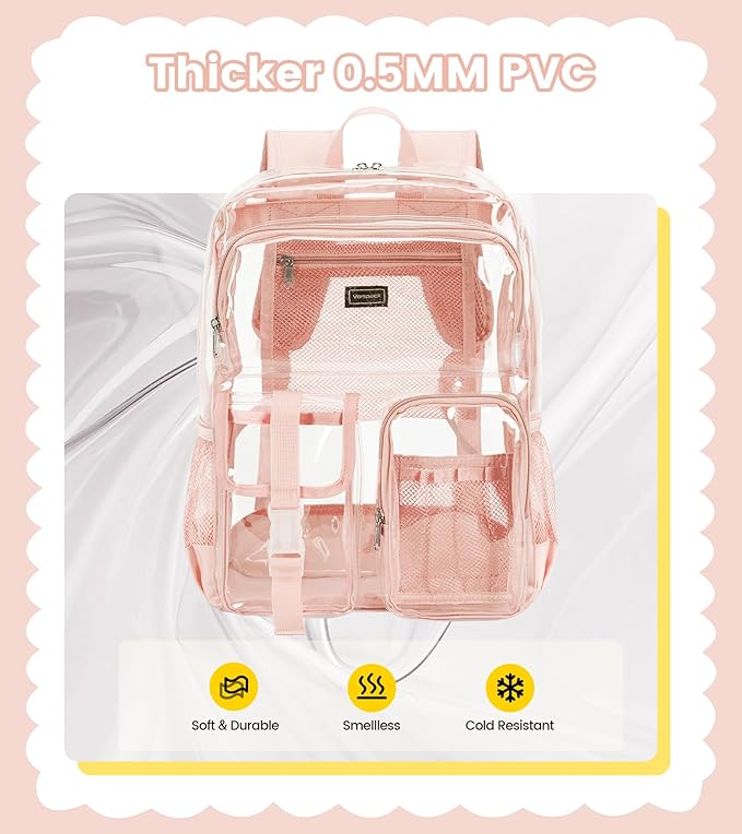 Vorspack Clear Backpack - Heavy Duty Transparent Bookbag for Adults Large See Through backpacks for Work, College, Travel - Light Pink