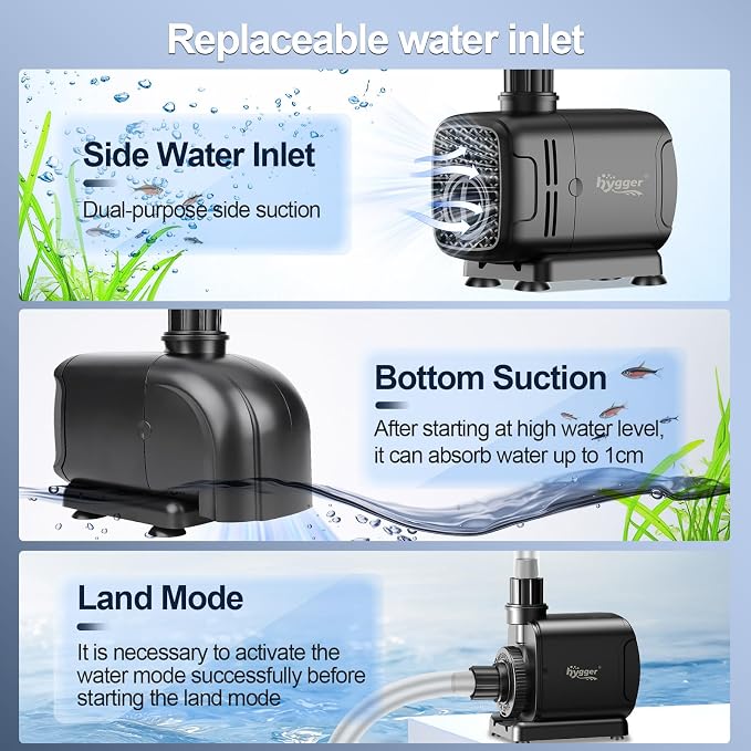 hygger 2-in-1 400GPH Submersible Pump 25W,Side and Bottom Suction Fountain Water Pump with 6.6ft High Lift,Quick Water Change with 4 Interchangeable Nozzles for Aquarium, Fish Tank, Hydroponics,Pond