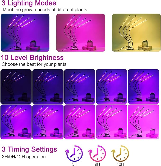 LED Grow Lights for Indoor Plants 2-Pack, Full Spectrum & Red Blue Spectrum Plant Growing Lamps with 3/9/12H Timer, 10 Brightness Levels, Clip-on Desk Plant Lights for Seedlings, Succulents, Flowers