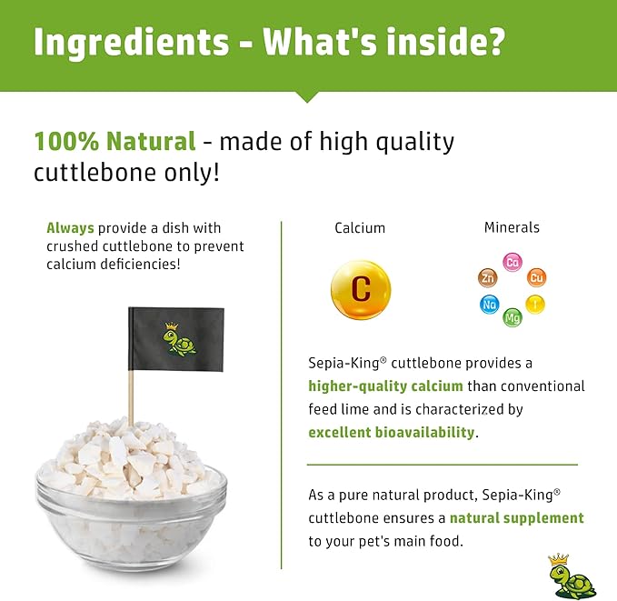 Sepia King - Crushed - 100% Natural Calcium Supplement - Premium Cuttlebone Perfect for Birds, Tortoises, Snails, Reptiles - 3.5 oz