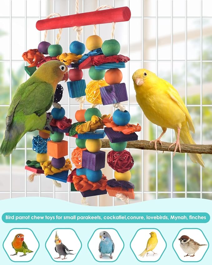 DBNESS Bird Toys, 3PCS Parrot Foraging Hanging Toy, Multicolored Natural Wooden Blocks Parakeet Chewing Toys mit Rattan Wicker Balls, for Medium Small Cockatoos Budgie Lovebird Cockatiel Conure