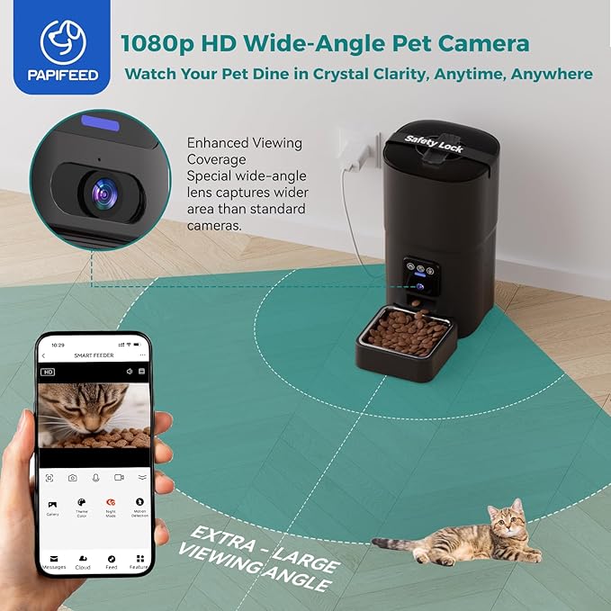 PAPIFEED Automatic Cat Feeder with Camera, 1080P HD & Night Vision, 6L Cat Food Dispenser with App, 5G WiFi Timed Cat Feeder for Dry Food, 2-Way Audio, Smart Pet Feeder for Dog, 1-10 Meals/Day