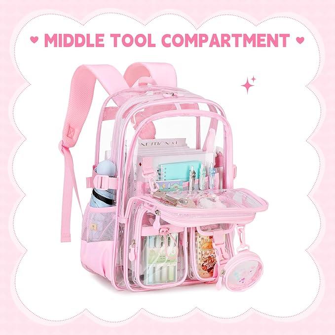 Clear Backpack for Girls School Clear Bookbag Stadium Events Heavy Duty Transparent Back Pack, Pink
