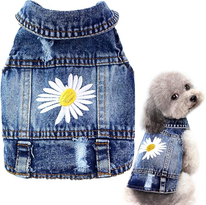 Pawstrip Dog Denim Jacket with Embroidered Daisy, Ripped Vintage Jean Vest for Small Dogs, Pugs, Chihuahuas, Spring Summer Fall Festival Outfit, X-Large (Fits Chest 17-18")