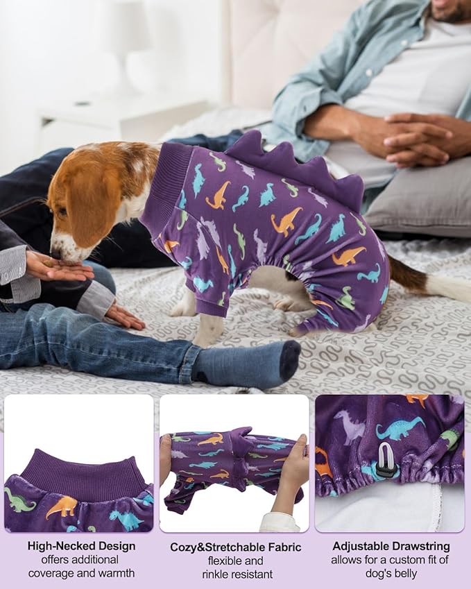 CuteBone Dinosaur Costume Dog Pajamas, Stretchy Spandex Crystal Velvet Sleepwear Coat for Small Dogs, Soft & Warm Pet Outfit Clothes for Cold Weather, Cozy Pullover Design COSP04M