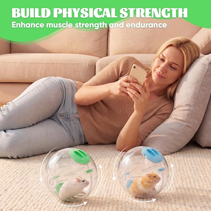 Mifoci 4 Pcs Hamster Exercise Ball, 5.7 Inch Guinea Pigs Running Ball Transparent Plastic Hamster Wheel for Dwarf Hamsters, Gerbils, Small Pets to Reduce Boredom and Increase Activity, Blue & Green