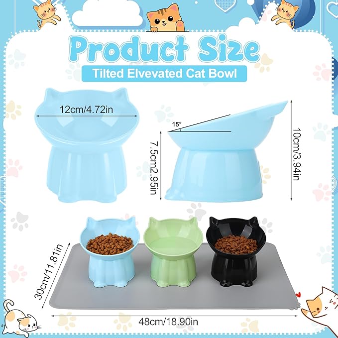 3 Pcs Elevated Cat Bowls 15°Raised Cat Food Bowl with Silicone Mat Whisker Friendly Anti Vomiting Cats Dishes Pet Food and Water Bowls for Indoor Cats Kittens Classic Blue, Black, Green Colors
