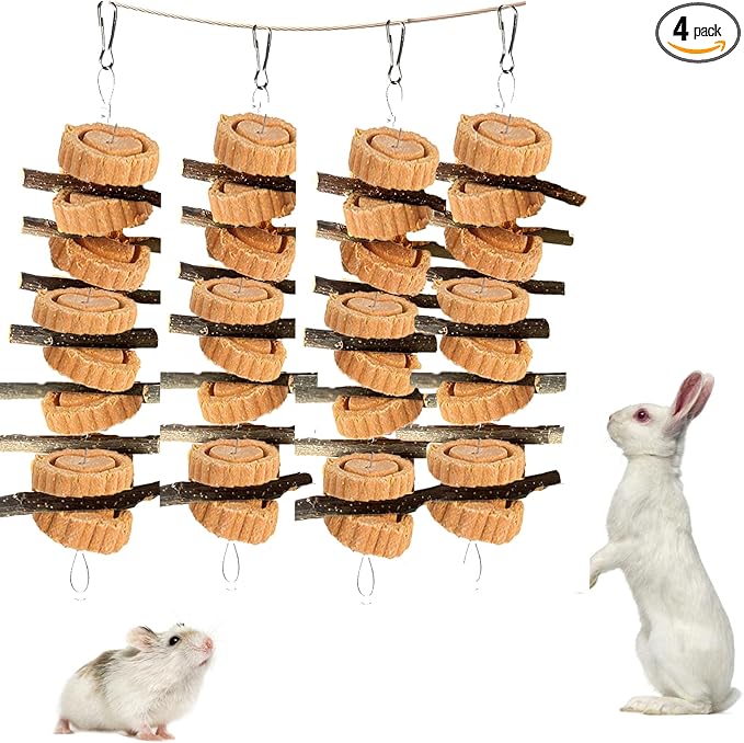 kathson Natural Small Animal Chew Toys for Teeth,4 PCS Rabbit Hanging Chewing Treats with Natural Organic Apple Stick Timothy Grass Carrot Cake for Hamsters Squirrel Guinea Pig Rabbits